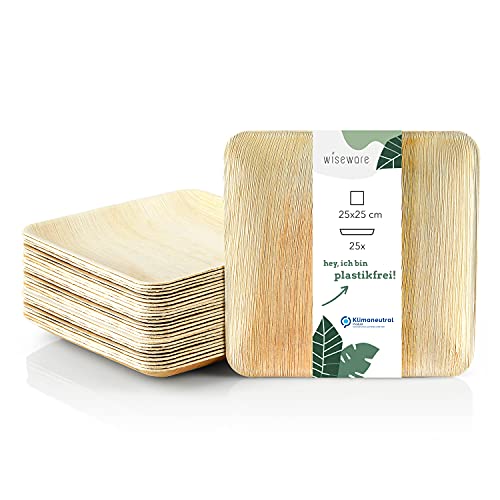 wisefood Palmblatt Teller - 25 Stück Einwegteller quadratisch 25 x 25 cm - biologisch abbaubares Palmblattgeschirr - kompostierbares Partygeschirr - Bio Einweggeschirr von wisefood