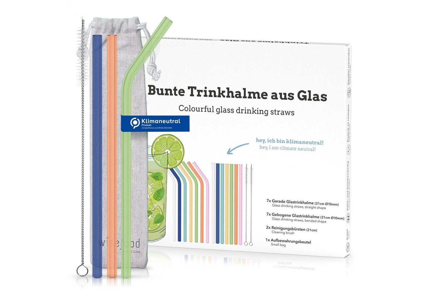 wisefood Trinkhalme Glas Trinkhalm Set bunt: 14 Halme + 2 Bürsten, (640-tlg) von wisefood