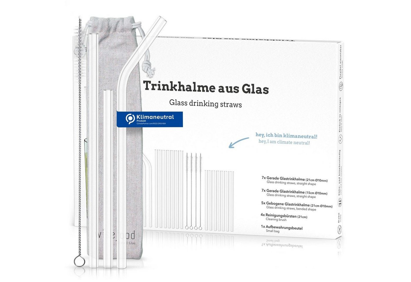 wisefood Trinkhalme Glas Trinkhalm Set: 19 Halme + 4 Bürsten, (19-tlg) von wisefood