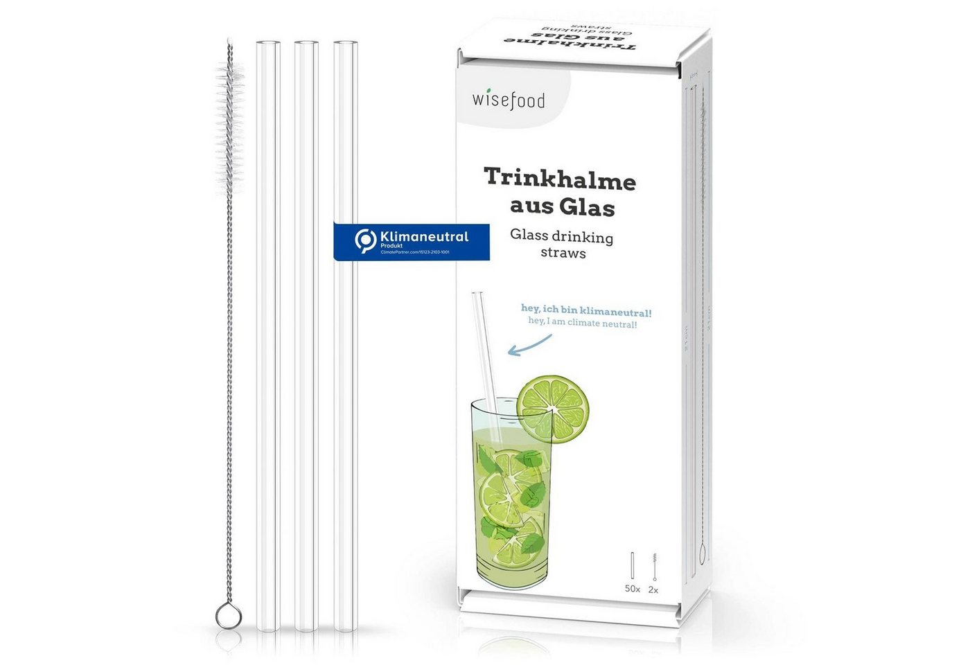 wisefood Trinkhalme Glas Trinkhalm Set: 50 Halme + 2 Bürsten, (2000-tlg) von wisefood