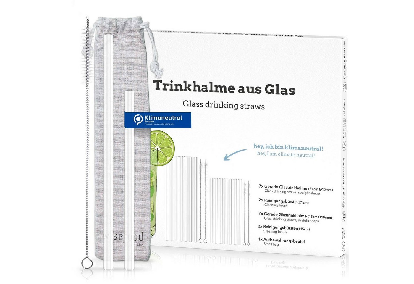 wisefood Trinkhalme Glas Trinkhalm Set: 14 Halme + 4 Bürsten - 18, (14-tlg) von wisefood
