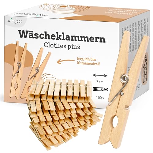 wisefood Wäscheklammern, 100 Stück naturfarbene Holzklammern aus Birkenholz 7cm, stabile und splitterfreie Holzwäscheklammern, zum Wäscheaufhängen, Basteln und Dekorieren von wisefood