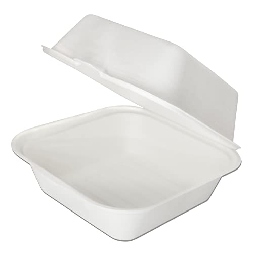 wisefood Zuckerrohr Burgerbox - 50 Stück Bagasse Einweg Schalen weiß 15x15x8 cm - Lunchboxen mit Klappdeckel ideal für Takeaway - Biologisch abbaubares Zuckerrohr Geschirr ohne PLA/PE von wisefood