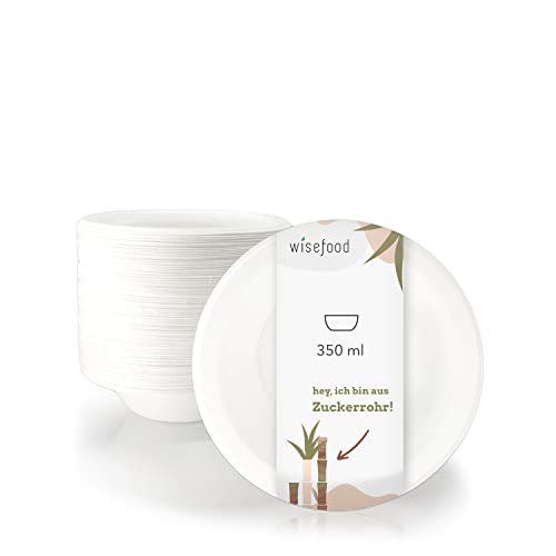 wisefood Zuckerrohr Schale - 50 Stück Bagasse Einweg Suppenschüssel rund weiß 350ml - Einmal Pappschale ideal für Pommes oder Salat - Biologisch abbaubares Zuckerrohr Geschirr ohne PLA/PE von wisefood