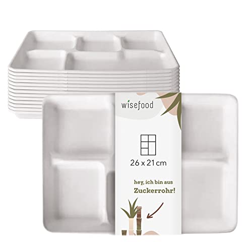 wisefood Bagasse Teller, 200 Stück 5-Fach tiefe Einwegteller rechteckig 26 x 21 cm, Zuckerrohr Tray weiß, Ideal als Partyteller oder Menüteller, Biologisch abbaubares Zuckerrohr Geschirr von wisefood