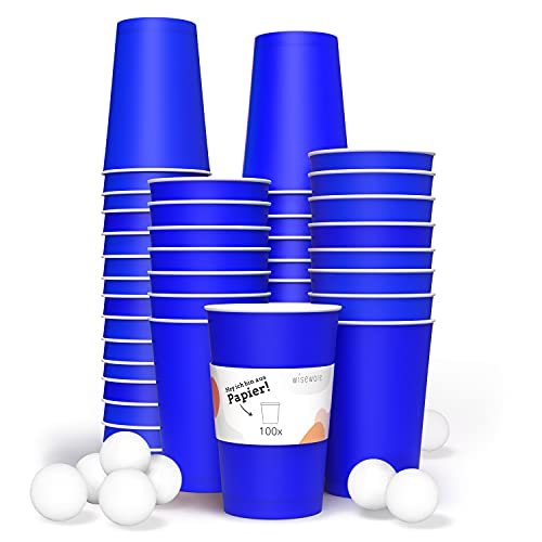 Wisefood Bierpong Becher Set aus Papier - Partybecher blau - Pappbecher blau - Bierpong Pappbecher - Alternative zu Plastikbechern - nachhaltige Partybecher (100 Stück mit 12 Bällen) von wiseware