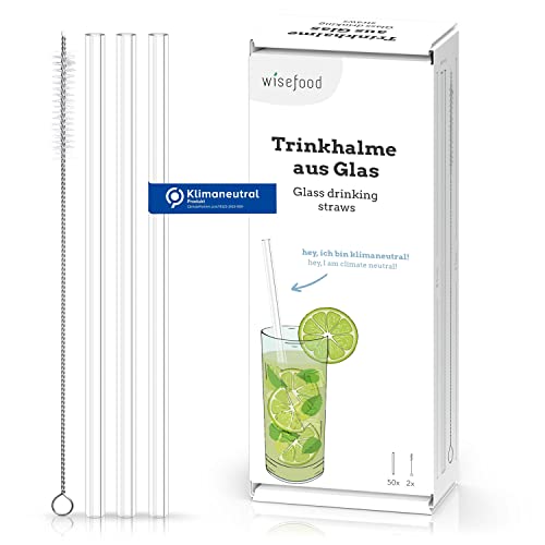 Wisefood Glas Strohhalme - 100 Stück Glas-Trinkhalme 21cm - Wiederverwendbare Glashalme - 4x Reinigungsbürsten - Nachhaltige und plastikfreie Mehrweg Trinkhalme mit Aufbewahrungsbeutel von wisefood