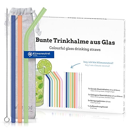 Wisefood Glas Strohhalme - Glas-Trinkhalm Set Bunt - Wiederverwendbare Glashalme - 28x lang 28x gebogen 8x Reinigungsbürsten 1x Beutel - Nachhaltige Mehrweg Trinkhalme für Kinder oder Party’s von wisefood