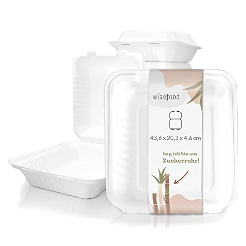 wisefood Zuckerrohr Einweg Schalen - 50 Stück Bagasse Menüboxen weiß - Lunchboxen mit Klappdeckel ideal für Takeaway - Biologisch abbaubares Zuckerrohr Geschirr ohne PLA/PE 43,6x20,3x4,7 cm von wisefood