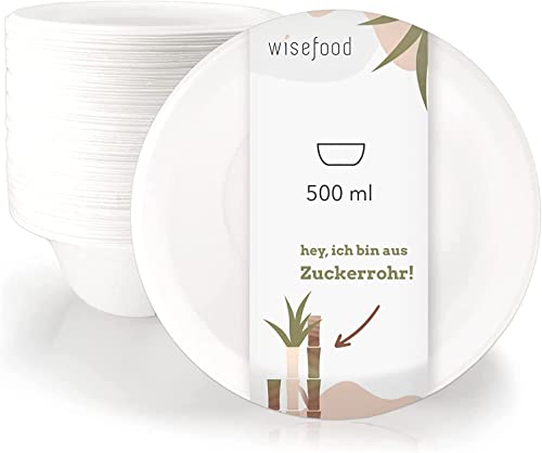 wisefood Zuckerrohr Schale - 50 Stück Bagasse Einweg Suppenschüssel rund weiß 500ml - Einmal Pappschale ideal für Pommes oder Salat - Bio Zuckerrohr Geschirr ohne PLA/PE von wisefood