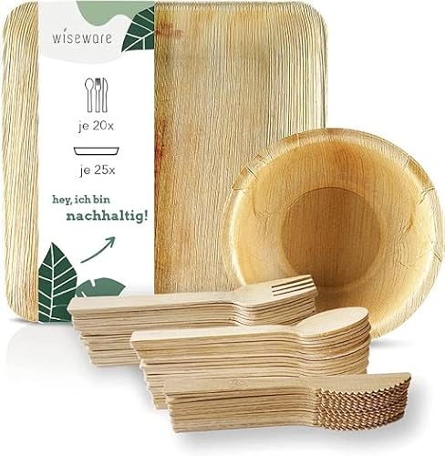 Wiseware Palmblatt Geschirrset - 25 Palmblatt Teller & Schalen, 20 Messer, Gabel & Löffel aus Holz - Biologisch abbaubares Einweggeschirr aus Palmblatt & Holz 110-teilig von wiseware