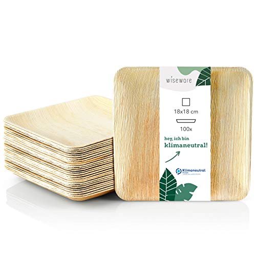Wiseware Palmblatt Teller - 100 Stück Einwegteller quadratisch 18 x 18 cm - biologisch abbaubares Palmblattgeschirr - kompostierbares Partygeschirr - Bio Einweggeschirr (100, 18 x 18 cm) von wisefood