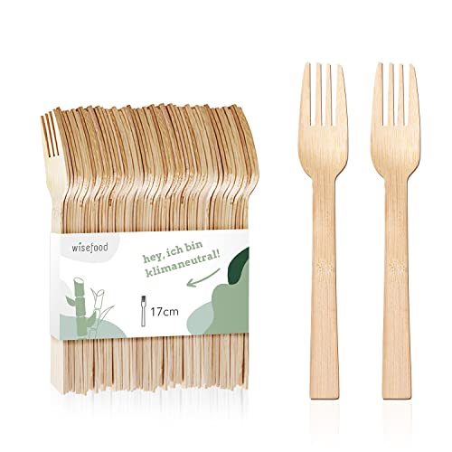 wisefood Bambus Einweg Gabeln, 100 Stück Bambusgabeln 17cm, Biologisch abbaubares Einwegbesteck, Bambusgeschirr Set, Natürliches Bambus Besteck, Partygeschirr von wiseware