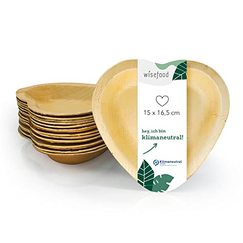 wisefood Palmblatt Schale - 100 Stück Einweg-Schüssel herzförmig 15 x 16,5 cm - biologisch abbaubares Palmblattgeschirr - kompostierbares Partygeschirr - Einweggeschirr - Servierschale von wisefood