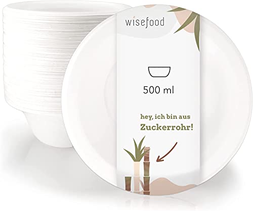 wisefood Zuckerrohr Schale - 100 Stück Bagasse Einweg Suppenschüssel rund weiß 500ml - Einmal Pappschale ideal für Pommes oder Salat - Bio Zuckerrohr Geschirr ohne PLA/PE von wisefood