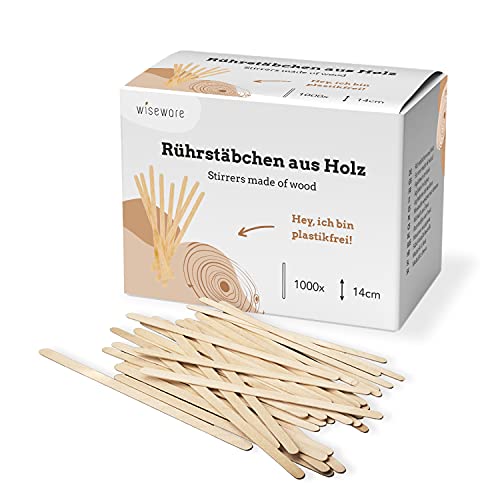 wiseware Kaffee-Rührstäbchen aus Holz 14 cm - 1000 Stück Umrührstäbchen - 100% biologisch abbaubare Kaffeerührer- natürlich, stabil, umweltfreundlich - plastikfreie Verpackung von wiseware