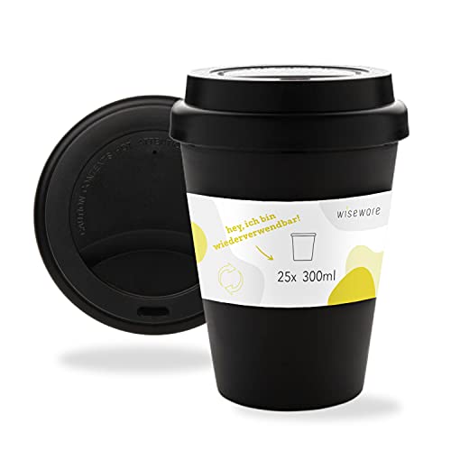 wiseware Trinkbecher 300 ml 25 Stück - Mehrweg Coffee-to-Go - BPA-frei und wiederverwendbar aus recyclebarem Plastik (PP) - Kaffeebecher spülmaschinenfest schwarz mit Deckel von wiseware