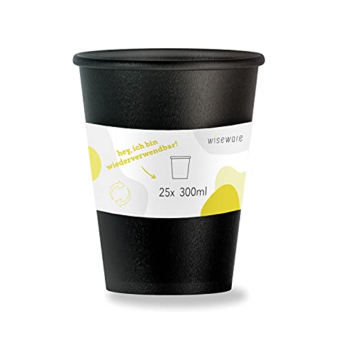 wiseware Trinkbecher 300 ml 25 Stück - Mehrweg Coffee-to-Go - BPA-frei und wiederverwendbar aus recyclebarem Plastik (PP) - Kaffeebecher spülmaschinenfest schwarz ohne Deckel von wiseware