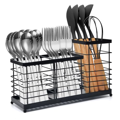 wishfly 3-In-1 Utensilienhalter für Die Küchentheke,Schwarzer Küchenutensilienhalter mit Metallfuß,Abnehmbare Trennwand Besteckhalter,Großer Kochutensilienhalter für Die Landhausküche(3 Fächer) von wishfly