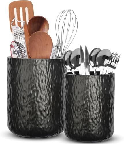 wishfly Küchenutensilienhalter, Utensilienhalter Aus Keramik für Die Küchentheke, Aufbewahrung von Küchenutensilien, 2 Stück Kochutensilien-Töpfe für Spatel, Löffel, Gabeln(Streifen Schwarz) von wishfly