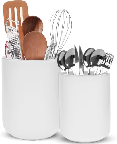 wishfly Küchenutensilienhalter, Utensilienhalter Aus Keramik für Die Küchentheke, Aufbewahrung von Küchenutensilien, 2 Stück Kochutensilien-Töpfe für Spatel, Löffel, Gabeln, Pflanzen(Weiß) von wishfly