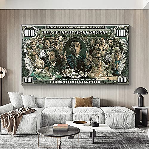 Bild Auf Leinwand Graffiti Street Money Art 100 Dollar Leinwand Malerei Poster und Drucke Wolf of Wall Street Pop Art für Wohnzimmer Dekor (40x70cm ohne Rahmen, B) von wjwang