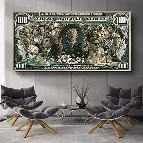 Bild Auf Leinwand Graffiti Street Money Art 100 Dollar Leinwand Malerei Poster und Drucke Wolf of Wall Street Pop Art für Wohnzimmer Dekor (50x90cm ohne Rahmen, B) von wjwang