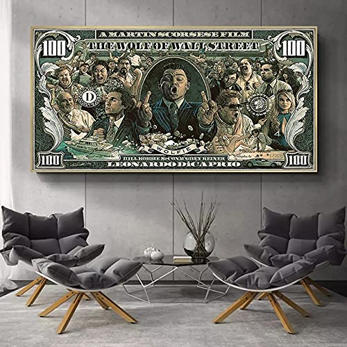 Bild Auf Leinwand Graffiti Street Money Art 100 Dollar Leinwand Malerei Poster und Drucke Wolf of Wall Street Pop Art für Wohnzimmer Dekor (60x110cm ohne Rahmen, B) von wjwang
