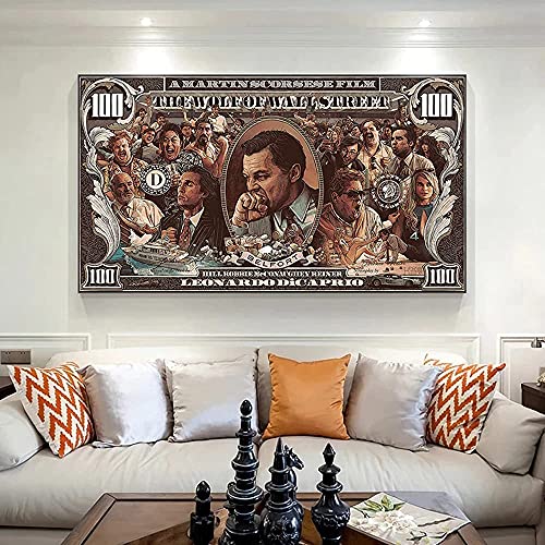 Leinwanddruck Graffiti Street Money Art 100 Dollar Leinwand Malerei Poster und Drucke Wolf der Wall Street Pop-Art für Wohnzimmerdekoration (WG395, 60x105 cm No Frame) von wjwang