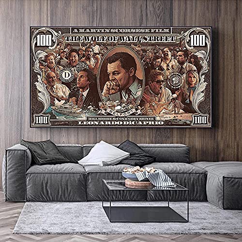 Leinwanddruck Graffiti Street Money Art 100 Dollar Leinwand Malerei Poster und Drucke Wolf der Wall Street Pop-Art für Wohnzimmerdekoration (WG395, 80x160 cm No Frame) von wjwang