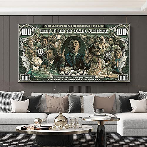 Leinwanddruck Graffiti Street Money Art 100 Dollar Leinwand Malerei Poster und Drucke Wolf der Wall Street Pop-Art für Wohnzimmerdekoration (WG396, 40x70 cm No Frame) von wjwang