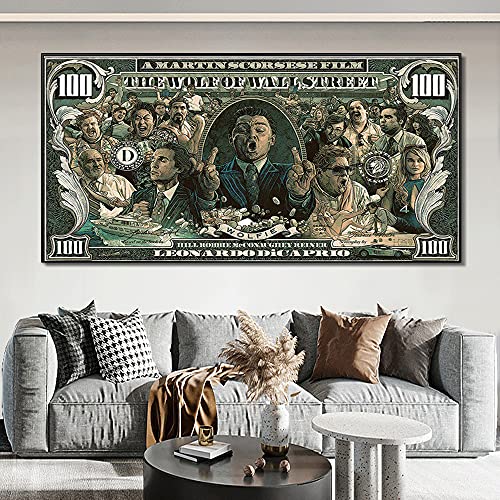 Leinwanddruck Graffiti Street Money Art 100 Dollar Leinwand Malerei Poster und Drucke Wolf der Wall Street Pop-Art für Wohnzimmerdekoration (WG396, 70x120 cm No Frame) von wjwang