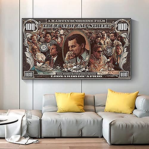 wjwang Bild Auf Leinwand Graffiti Street Money Art 100 Dollar Leinwand Malerei Poster und Drucke Wolf of Wall Street Pop Art für Wohnzimmer Dekor (50x90cm ohne Rahmen, A) von wjwang