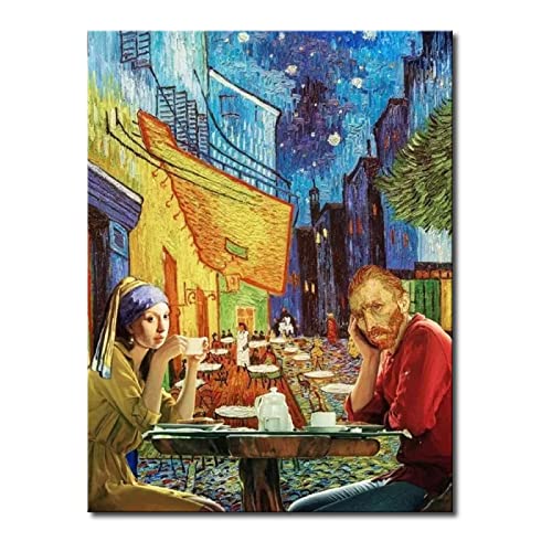 wjwang Van Gogh Mona Lisa Kaffeetrinken Lustige Kreative Malerei Poster Drucke Leinwanddruck Wandkunst Bild Für Wohnzimmer Dekor,Wg605,40X50Cm Ohne Rahmen von wjwang