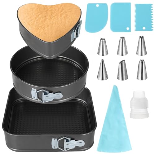 wkao Antihaftbeschichtete Springform 3er Set mit Spritzbeutel, Tüllen, Schaber, Herz, runde & quadratische Kuchenformen für Bäcker & Enthusiasten von wkao