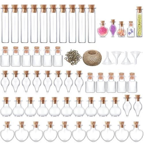 wlertcop 59 Stück Mini Glasflaschen Mit Korken Und Schnur, Herz Glasflaschen langer Flaschenwürfel Mini Fläschchen mit Trichter Schrauben für Hochzeiten Partys Wunschflaschen DIY Basteln von wlertcop