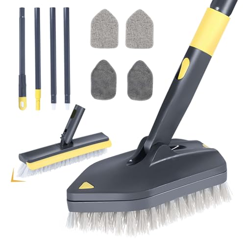 Badezimmer-Wannen- und Fliesenschrubber, 4-in-1 Duschreinigungsbürste mit langem Griff, austauschbare Fugenbürste, steife Borsten, Bürste, Scheuerschwamm und Mikrofasertuch für WC, Waschbecken, Glas von wlich