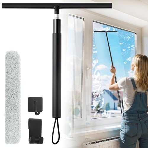 Duschabzieher Ausziehbar Schwarz 33-146 cm, Silikon Abzieher Dusche mit Teleskopstiel Fensterabzieher Bodenabzieher mit Tuchbezug Halterung Teleskop Wasserschieber für Bad Spiegel Fliesen Boden von wlich