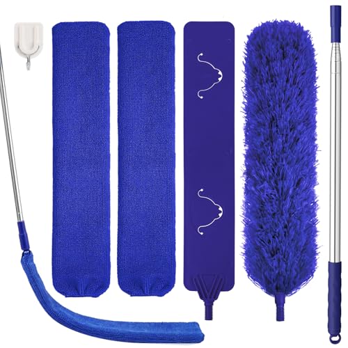 Staubwedel Teleskop Waschbar, Staubwischer Mikrofaser mit 2 Biegbare Eckbesen Spalt-Staubreiniger 1 Edelstahl Teleskopstange für Reinigung Unter Sofa Möbeln Deckenventilator Spinnweben (Blau) von wlich