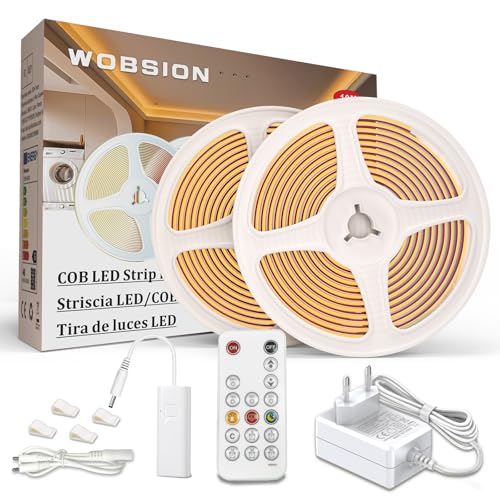 WOBSION 10M LED Streifen Warmweiß mit Netzteil und Fernbedienung,CRI92 COB Band für Home,3mm Dünn Stripe Light with 320 LEDs/M,Flexibel Helles 24V DIY Lichtleiste 3000K,Strip Geeignet Indoor von WOBSION