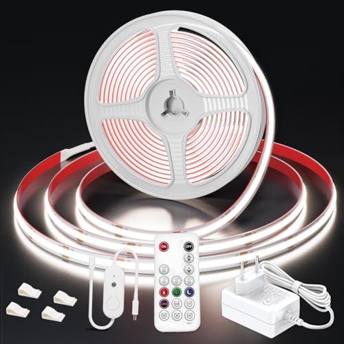 WOBSION 5M LED Streifen Kaltweiß Kit mit Netzteil und Fernbedienung,CRI92 COB Band für Home,3mm Dünn Stripe Licht with 320LEDs/ M,Flexibel Helles 24V DIY Lichtleiste 6000K,Strip Geeignet Indoor von WOBSION