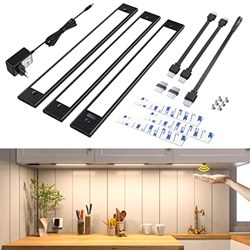 wobsion Unterbauleuchte Küche Led Schwarz 30cm×3PCS in Neutralweiß 4000k Dimmbar mit Berührungsloser Sensor,Weiches Licht Ultra Dünn Led Leiste für Beleuchtung Küche,Garderobe,Schrank,Regal von wobsion