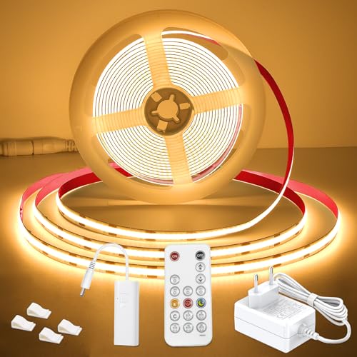 wobsion COB LED Streifen 24V Warmweiß,5M Led Band Dimmbar mit RF-Fernbedienung,3000K Led Streifen Warmweiss 320LEDs/M,24W GS Netzteil,CRI90+ Flexibel Helles LED Strip für Treppe,Küche,Arbeitszimmer von wobsion