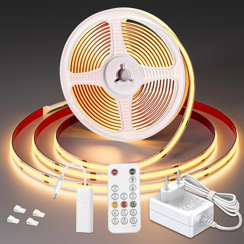 WOBSION 5M LED Streifen Warmweiß mit Netzteil und Fernbedienung,CRI92 COB Band für Home,3mm Dünn Stripe Light with 320 LEDs/M,Flexibel Helles 24V DIY Lichtleiste 3000K,Strip Geeignet Indoor WOBSION 5M LED Streifen Warmweiß mit Netzteil und Fernbedienung,CRI92 COB Band für Home,3mm Dünn Stripe Light with 320 LEDs/M,Flexibel Helles 24V DIY Lichtleiste 3000K,Strip Geeignet Indoor von WOBSION