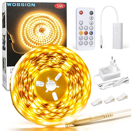 wobsion Led Streifen Warmweiss 5M,Led Strip Dimmbar Warmweiss mit RF-Fernbedienung,Led Band Warmweiß 3000K,300 Leds,Led Leiste Warmweiss für Beleuchtung Küche,Wohnzimmer,Arbeitszimmer,Schlafzimmer von wobsion