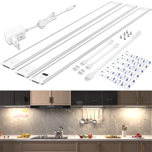 wobsion Unterbauleuchte Küche Led Neutralweiß mit Berührungsloser Sensor,1300lm Led Leiste 42CM×3PCS Beleuchtung Küche Dimmbar 4000K,Ultra Dünn Küchenlicht Unterbau Led für Schrank Beleuchtung von wobsion