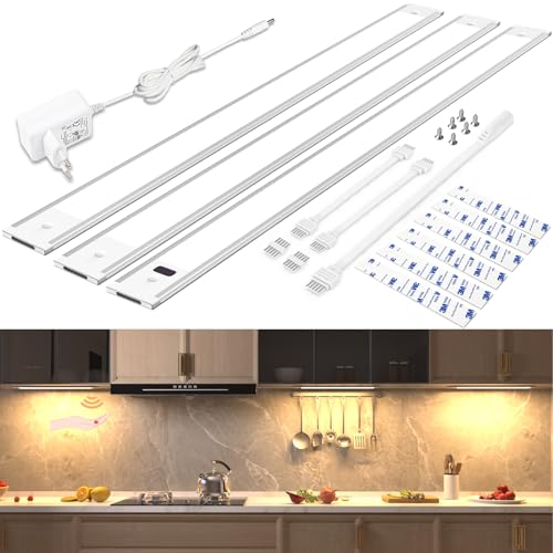 wobsion Unterbauleuchte Küche Led Warmweiß mit Berührungsloser Sensor,1300 LM Led Leiste 42CM×3PCS Beleuchtung Küche Dimmbar 3000K,Ultra Dünn Küchenlicht Unterbau Led für,Vitrine Schrank Beleuchtung von wobsion