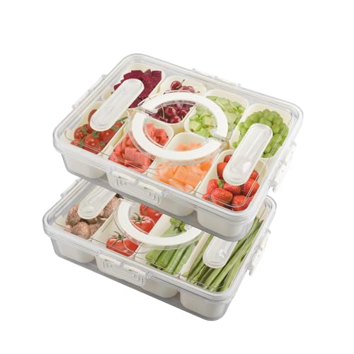 wocpvm 2 Stück Snackteller mit Deckel Snackschale mit Deckel Snackbox mit 8 Fächern und 4 Fächern Snackbox mit Fächern Geeignet für Gemüse, Nüsse, Obst, Picknick, Familienfeiern von wocpvm