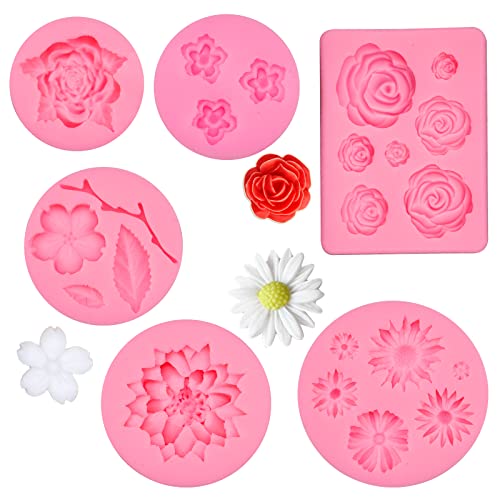 wocpvm 6 Stück 3D Silikon Fondant Formen DIY Silikonform Blumen Mini 3D Blumen Silikonformen für Fondant, Tortenranddekoration, Schokolade, Gelee von wocpvm