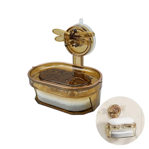 wocpvm Seifenschale mit Libellen-Saugnapf, Poröse Schwamm Seifenschale, Doppellagiger Seifenhalter mit Wäschebürste Libellenseifenbox mit Transparentem Design für Dusche, Badezimmer, Küche (Teerot) von wocpvm